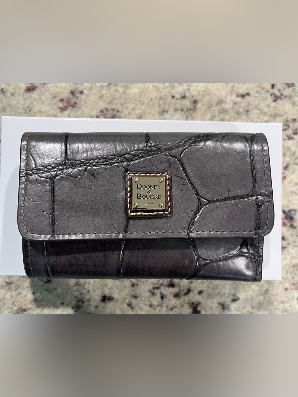 Dooney & Bourke Grey Croc-Embossed Wallet with Gold Plaque